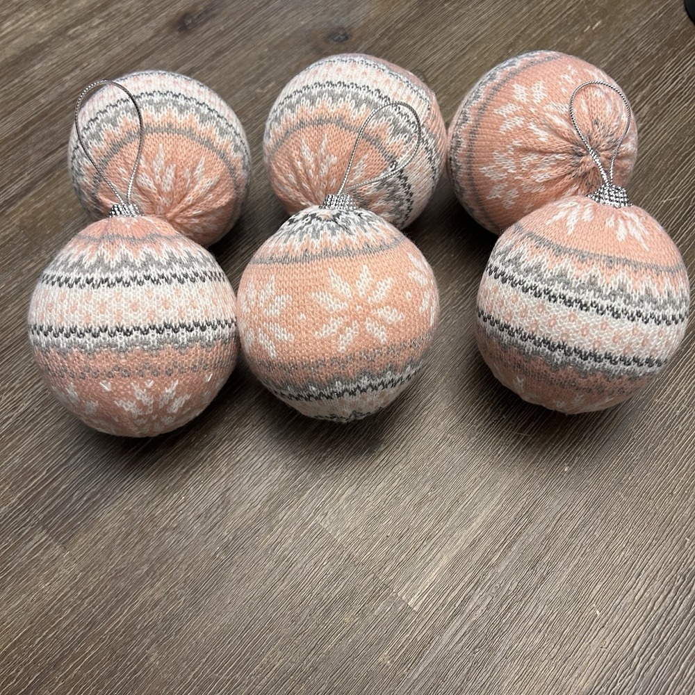 Sweater Knit Fabric Ball Christmas Ornament Set of 6 Pink Gray White Snowflake‎